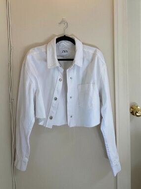 ZARA White Cropped Button-Down Shirt Jacket